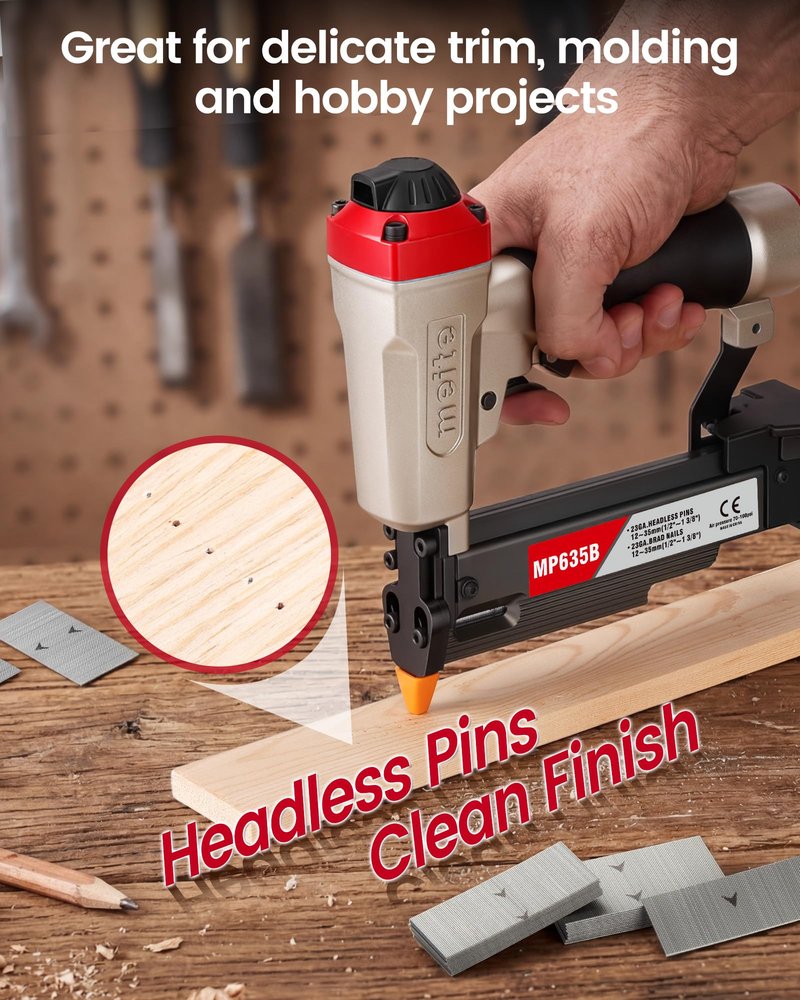 meite MP635B Pin Nailer with 6000 PCS Pin Nails (1/2", 5/8", 3/4", 1", 1-3/16", 1-3/8"), Pneumatic 23 Gauge Pin Nailer, Fits 1/2" to 1-3/8" 23 Gauge Pin Nails, Ideal for Paneling, Small Trim