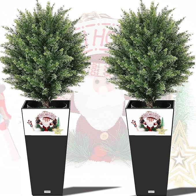Artificial Cedar Topiary Trees - 24" Tall 17" Wide Set of 2 | Outdoor UV Resistant Fake Plants | Faux Evergreen Bushes Outdoor Indoor Porch Patio Décor | No Maintenance