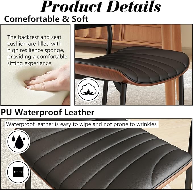 Modern PU Leather Dining Room Chairs Set of 4, Upholstered Kitchen Chairs with Walnut Bentwood Back and Metal Legs Adjustable Feet for Kitchen Dining Room(Balck)