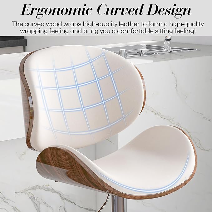 Adjustable Swivel Bar Stools Set of 2, Modern Bentwood Barstool with Large Metal Base and Footrest, PU Leather Upholstered Bar Chair with Curved Back for Kitchen Island Dining Room, White