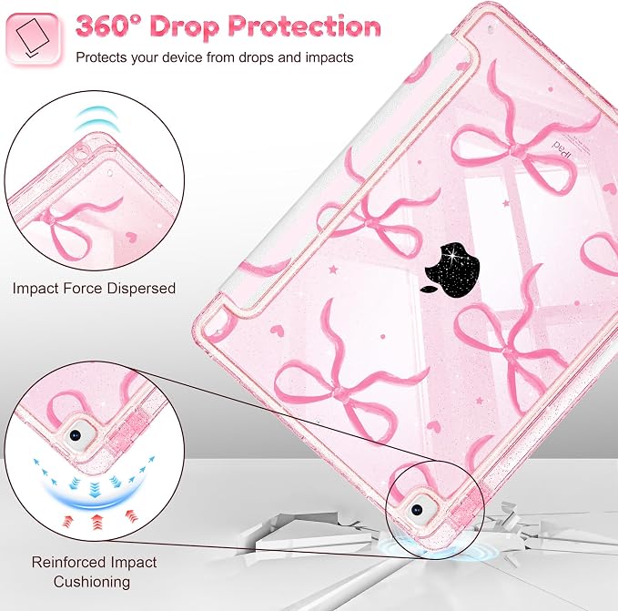 Case for iPad 9th/ 8th/ 7th Generation 10.2-Inch Case(2021/2020/2019 Release) Glitter Tablet Cases with Transparent Acrylic Back+Trifold Stand+Pencil Holder+Auto Wake/Sleep Bows-Stripe