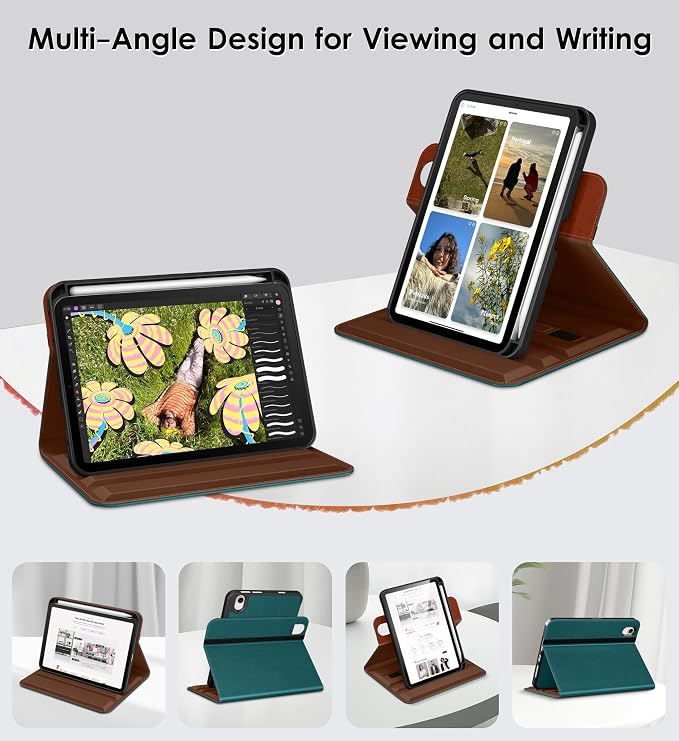 DTTO for iPad mini 7 A17 Pro 2024 aslo fit iPad mini 6 2021 Brown | 360 Degree Rotating Premium Faux Leather Folio Stand Cover with Pencil Holder Auto Sleep/Wake Multiple Angles Hand Strap