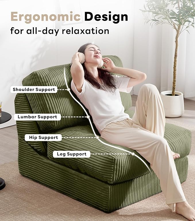 Tbfit Folding Sofa Bed, Convertible Sleeper Chair with Large Pillow, Corduroy Folding Couch Bed, Portable & Foldable Mattress Boneless Floor Sofa for Living Room, Bedroom, Office, Green, Single