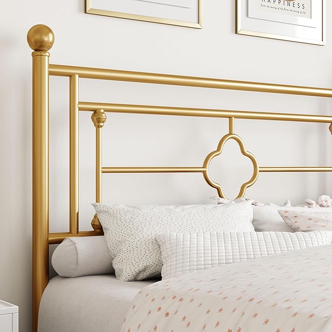 SHA CERLIN 14 Inches Queen Size Metal Platform Bed Frame/Vintage Iron-Art Headboard and Footboard/Mattress Foundation for Storage/No Box Spring Needed/Noise-Free/Easy Assembly/Gold