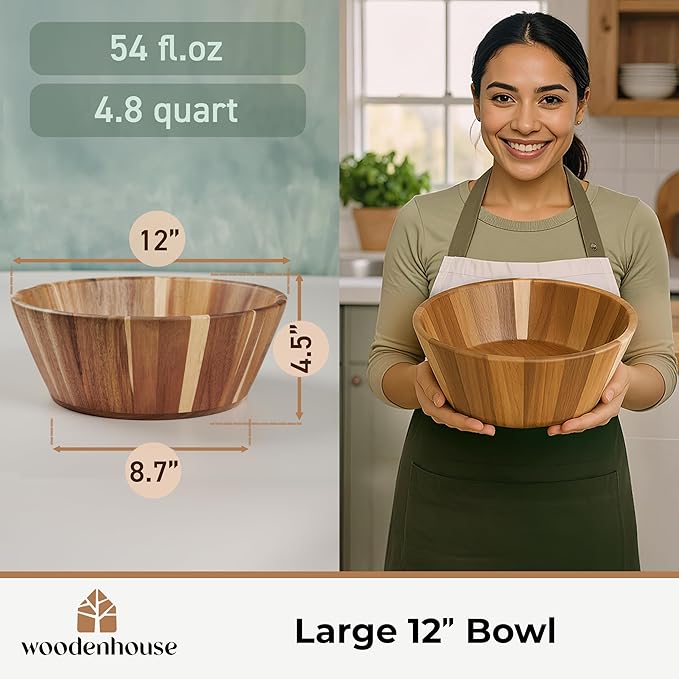 Woodenhouse Wooden Salad Bowl, Salad Bowl, Wooden Bowl - 12" Round Design Fruit Bowl, Handmade, Durable and Stylish Natural Wood Dining Accessory
