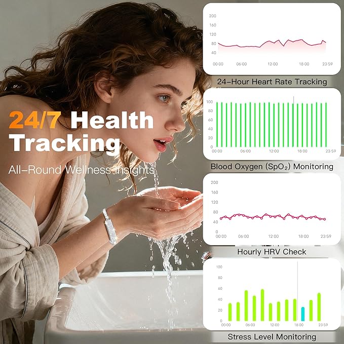 Smart Bracelet for Women, Jewelry Fitness Tracker with 2 Bands, Heart Rate & SpO₂ Monitor, Stress & Sleep Tracking, Step & Calorie Counter, 5ATM Waterproof for iOS & Android, No Subscription, Silver
