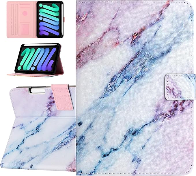 Case for iPad mini 7 A17 Pro &amp iPad mini 6 (2024/2021) Built-in Pencil Holder Premium PU Leather Folio Stand Smart Protective Cover Multi-Viewing Angles and Auto Wake/Sleep - Beach