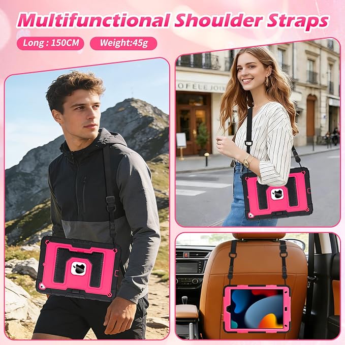 VOFUOE for iPad 9th/ 8th/ 7th Generation Case with Foldable Stand Shoulder Strap Pencil Holder 3 in 1 Heavy Duty Hard Protective Cover for iPad 10.2 Inch 2021/2020/2019 -Black&ampHot Pink