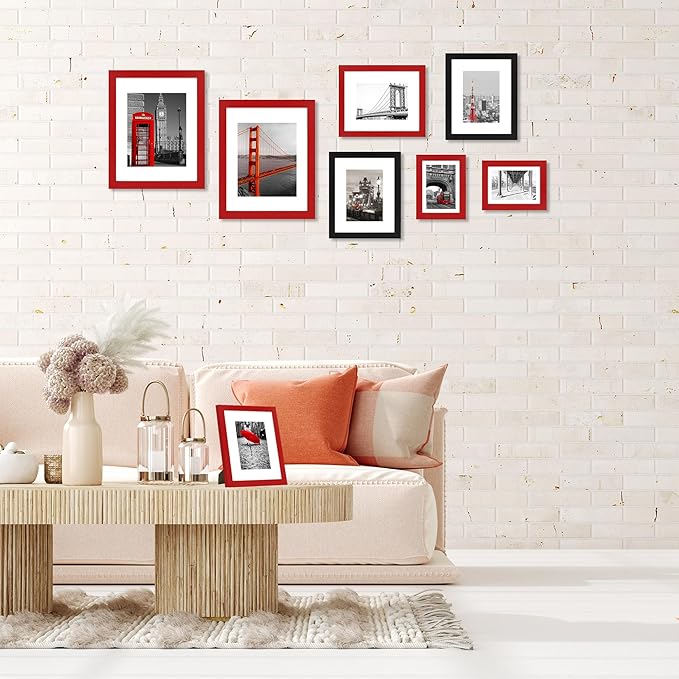 11x14 Picture Frame Set of 4, High Definition Real Glass, Display Pictures 8x10 with Mat or 11x14 Without Mat, Gallery Wall Hanging Photo Frames, Red