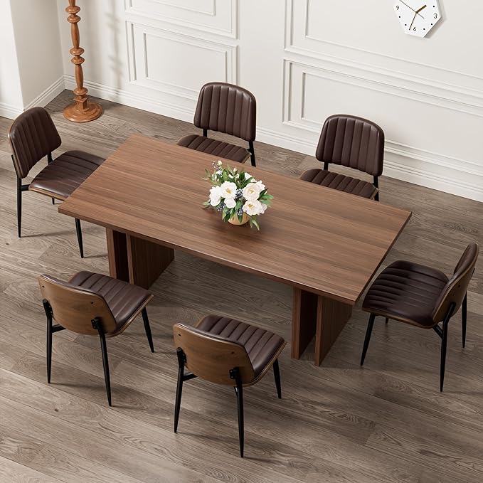 Dining Chairs Set of 6, Mid-Century Modern Upholstered PU Leather Chairs with Walnut Bentwood Back and Metal Legs Adjustable Feet for Kitchen Dining Living Room, Dark Brown Vertical Stripes