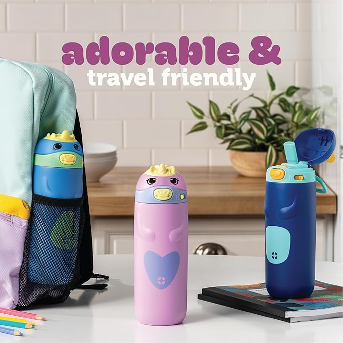 Ello Ellies 12oz Vacuum Insulated Stainless Steel Kids Water Bottle with Straw and Built-in Carrying Handle and Leak-Proof Locking Lid for School Backpack, Lunchbox and Outdoor Sports, Pig