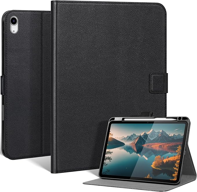 Leather Case for iPad 11th/10th Gen (11/10.9) Black | Genuine Leather Pencil Holder Adjustable Stand Magnetic Closure Auto Wake/Sleep