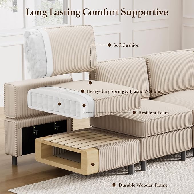 114.2" 5 Seater Modular Sofa with Deep Storage Seat,Corduroy Convertible L Shaped Sectional Couch,Modular Couch with Movable Ottoman Chaise,Upholstered Sectional Couches for Living Room,Beige