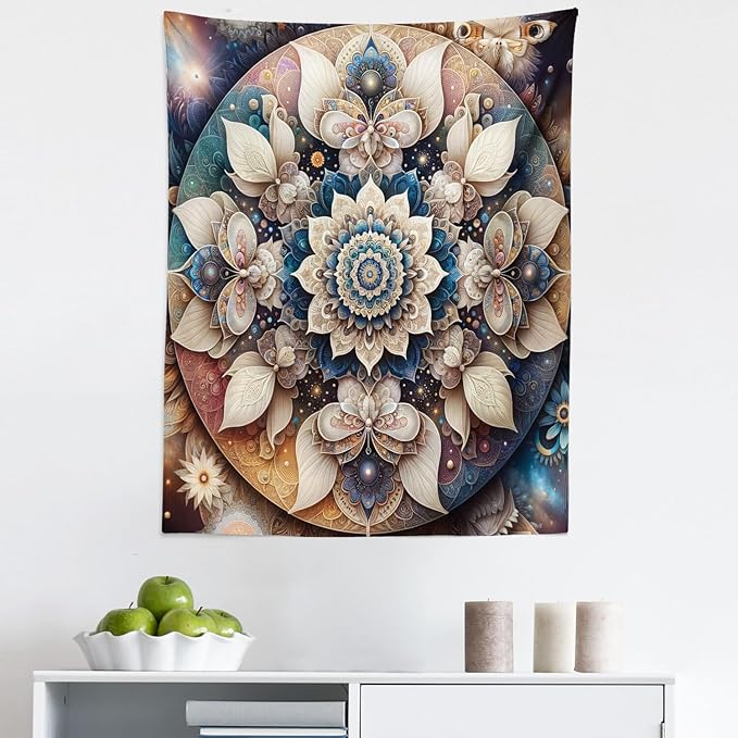 Ambesonne Mandala Tapestry, Dreamy Composition of Astral Atmosphere Blooming Trippy Floral Boho, Fabric Wall Hanging Decor for Bedroom Living Room Dorm, 23" X 28", Eggshell Sea Blue Indigo