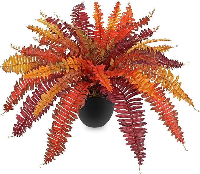 Hollyone Fake Boston Fern in Pot Fall Faux Fern Medium Potted Plant Medium Autumn Decor Plants Outdoor Indoor Autumn Boston Ferns Artificial Plants for Patio Garden Farmhouse Fall Decorations for Home