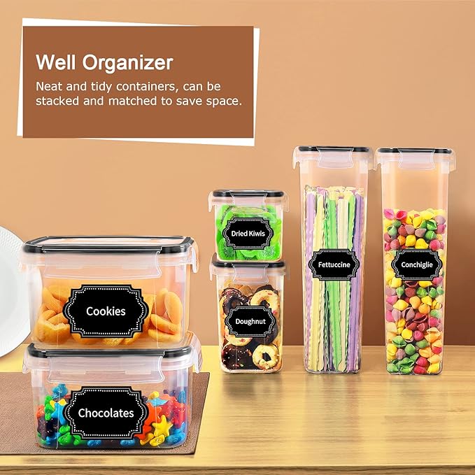 PRAKI Airtight Food Storage Containers Set, 16 Pcs BPA Free Plastic Dry Food Canisters for Kitchen Pantry Organization and Storage Ideal for Cereal, Flour & Sugar - Labels, Marker(Black)