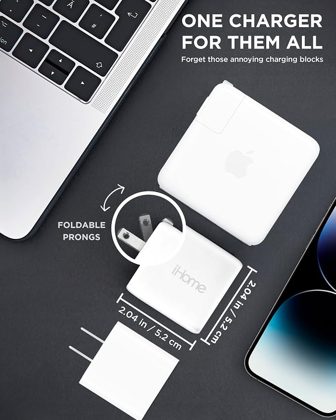 iHome 65W USB C Charger Block GaN Fast Charging with Dual Ports (USB-C PD &amp USB-A) Compact Universal Laptop Charger Foldable Plug [Video Game]