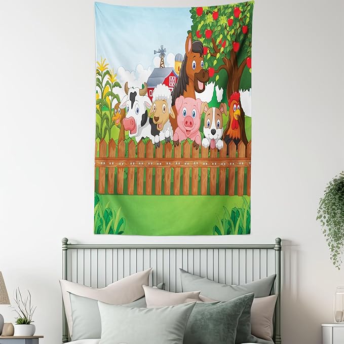 Ambesonne Cartoon Tapestry, Composition Farm Animals on Fence Comic Mascots Dog Cow Horse Design, Fabric Wall Hanging Decor for Bedroom Living Room Dorm, 23" X 28", Green Multicolor