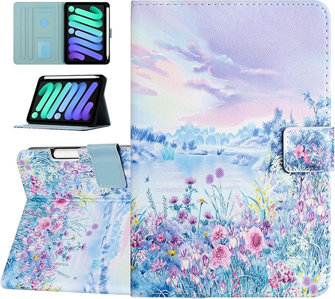 Case for iPad mini 7 A17 Pro &amp iPad mini 6 (2024/2021) Built-in Pencil Holder Premium PU Leather Folio Stand Smart Protective Cover Multi-Viewing Angles and Auto Wake/Sleep - Beach