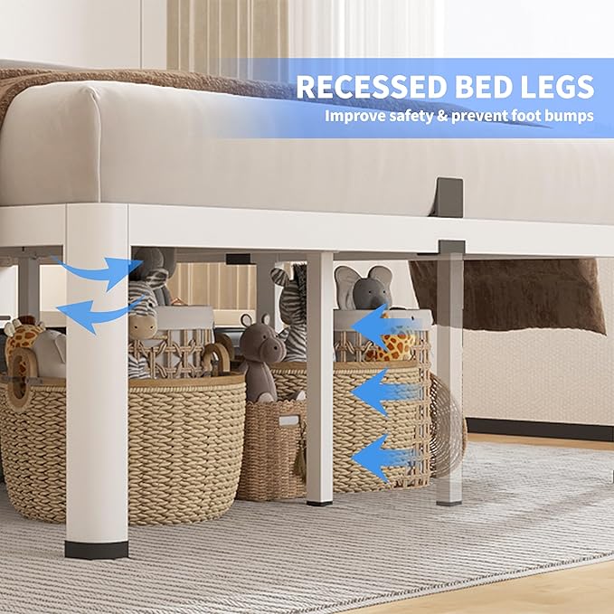 ROIL 18 Inch White Full Size Bed Frame with Rounded Corner and Headboard Hole Mattress Retainers 3500LBS Heavy Duty Steel Slats No Box Spring Needed Platform Noise-Free Easy Assembly