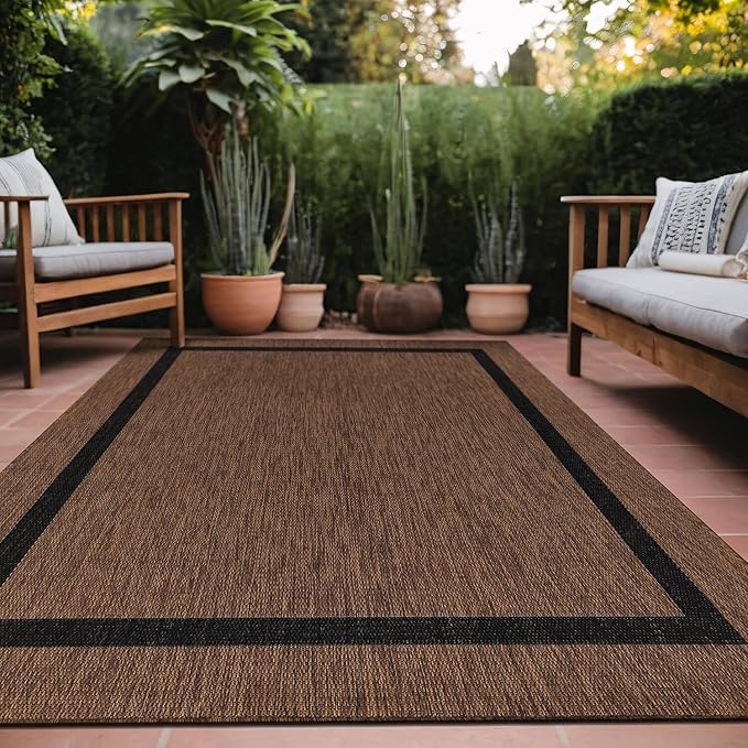 Bordered Outdoor Rug 9x12 Washable Outside Carpet for Indoor Patio Porch Waterproof Easy Cleaning Non Shedding Area Rugs Nut Brown - Black 9 x 12