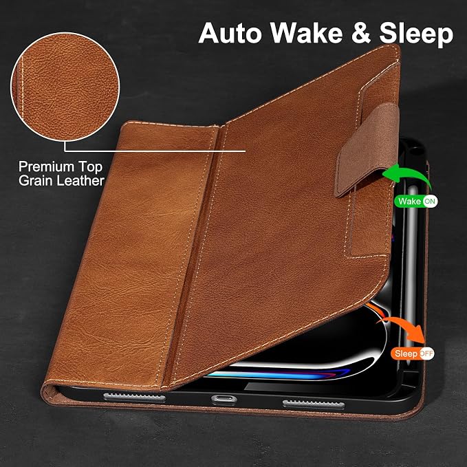 Gexmil Leather Case for iPad Pro 11 Inch M5/M4 2025/2024Crocodile Brown | Genuine Leather CoverPencil HolderMagnetic ClosureSmart Folio Auto Sleep/WakeProtectiveAdjustable Stand