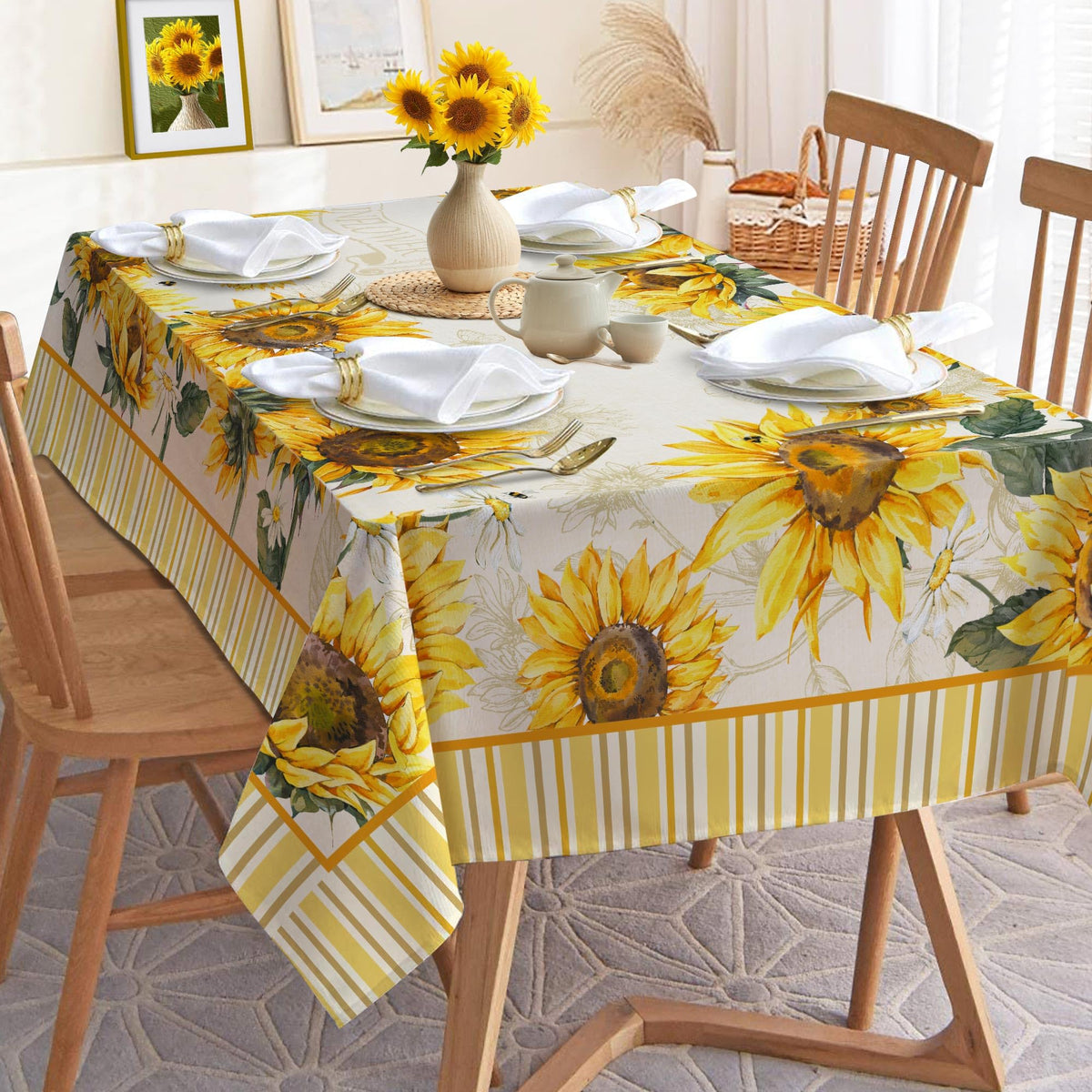 Hexagram Sunflower Tablecloth Rectangle 60x104 Inch Summer and Spring Yellow Floral Table Cloth Farmhouse Season for Home Kitchen Dining Party Decorations