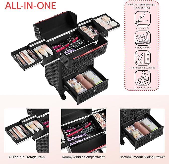 Yaheetech Rolling Makeup Train Case Aluminum Cosmetic Case with Wheels Barber Case Salon Lockable Travel Trolley with Sliding Drawers Removable Divider, Black/Red