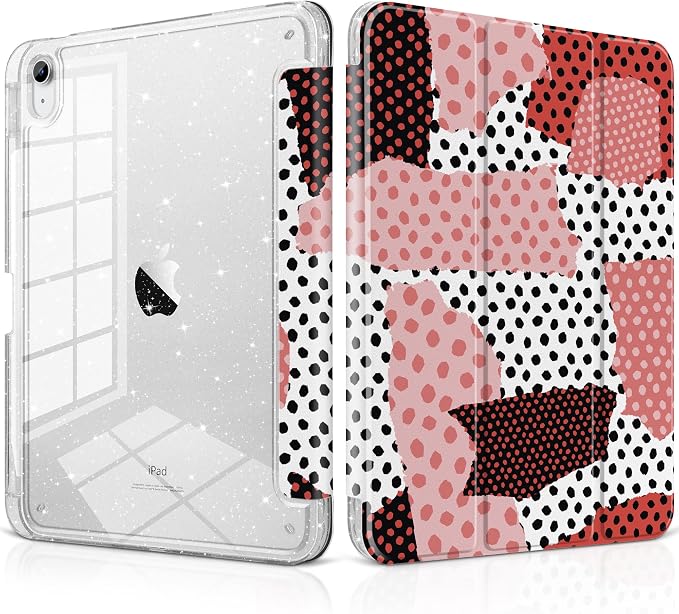 MEEgoodo Case for iPad A16 11th Generation 2025/10th Generation 2022 Glitter Tablet Cases with Transparent Acrylic Back+Trifold Stand +Pencil Holder+Auto Wake/SleepAbstract Sun &amp Palm Tree