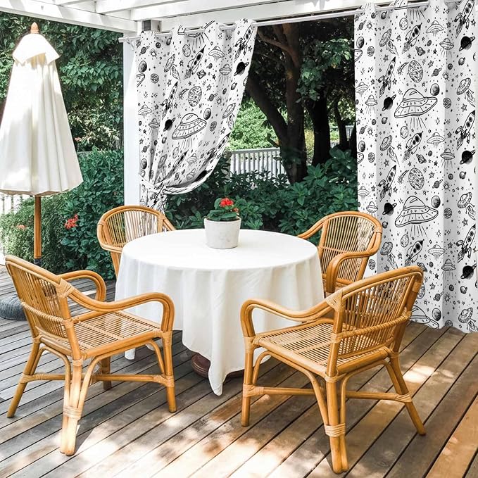 Cartoon Space Outdoor Curtains for Patio Rockets Astronauts Planets Black