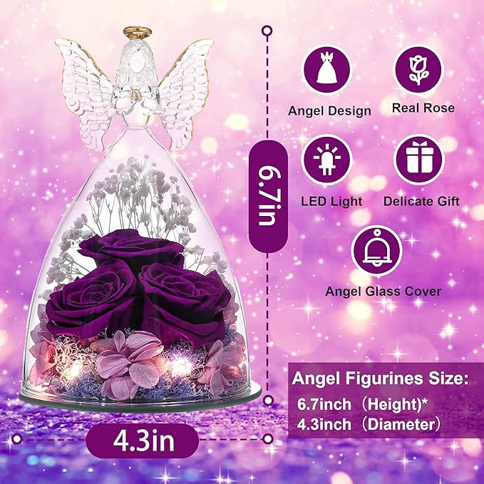 Ocosy Mothers Day Rose Gifts for Her, Large Angel Rose Gifts for Women, Forever Real Roses in Figurines, Guardian With Roses Flower, Purple White