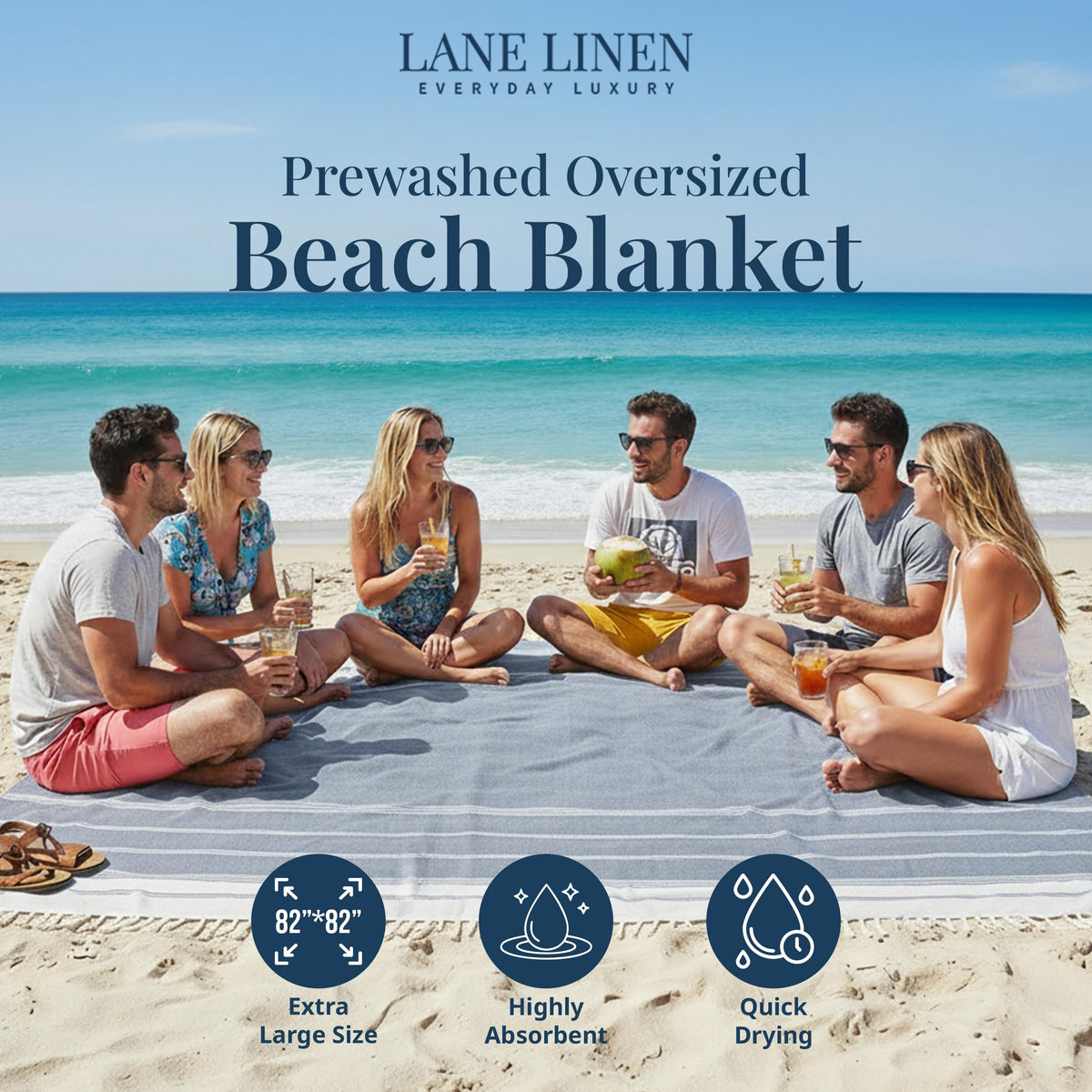 LANE LINEN Beach Blanket Sand Free, Soft & Large Beach Towel - Navy Blazer