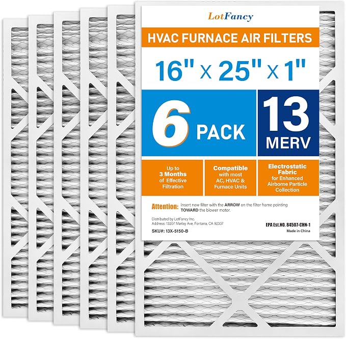 LotFancy 16x25x1 Air Filter MERV 13 6-Pack, Electrostatic Pleated HVAC Furnace