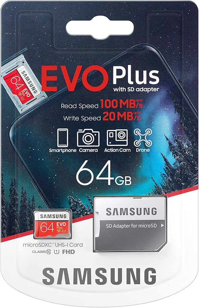 Samsung EVO Plus 64GB microSDXC UHS-I U3 100MB/s Full HD & 4K UHD Memory Card with Adapter (MB-MC64HA)
