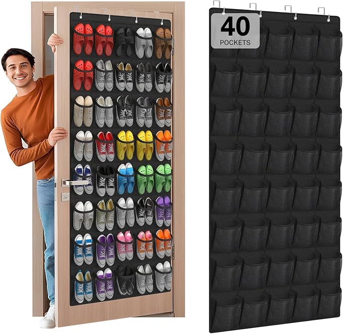 Over the Door Shoe Organizer,40-Pocket Hanging Shoe Rack for Closet Door,Shoes Storage Holder Hanger with Large Mesh Pocket for Women Men Shoes,Flip Flops(Black)