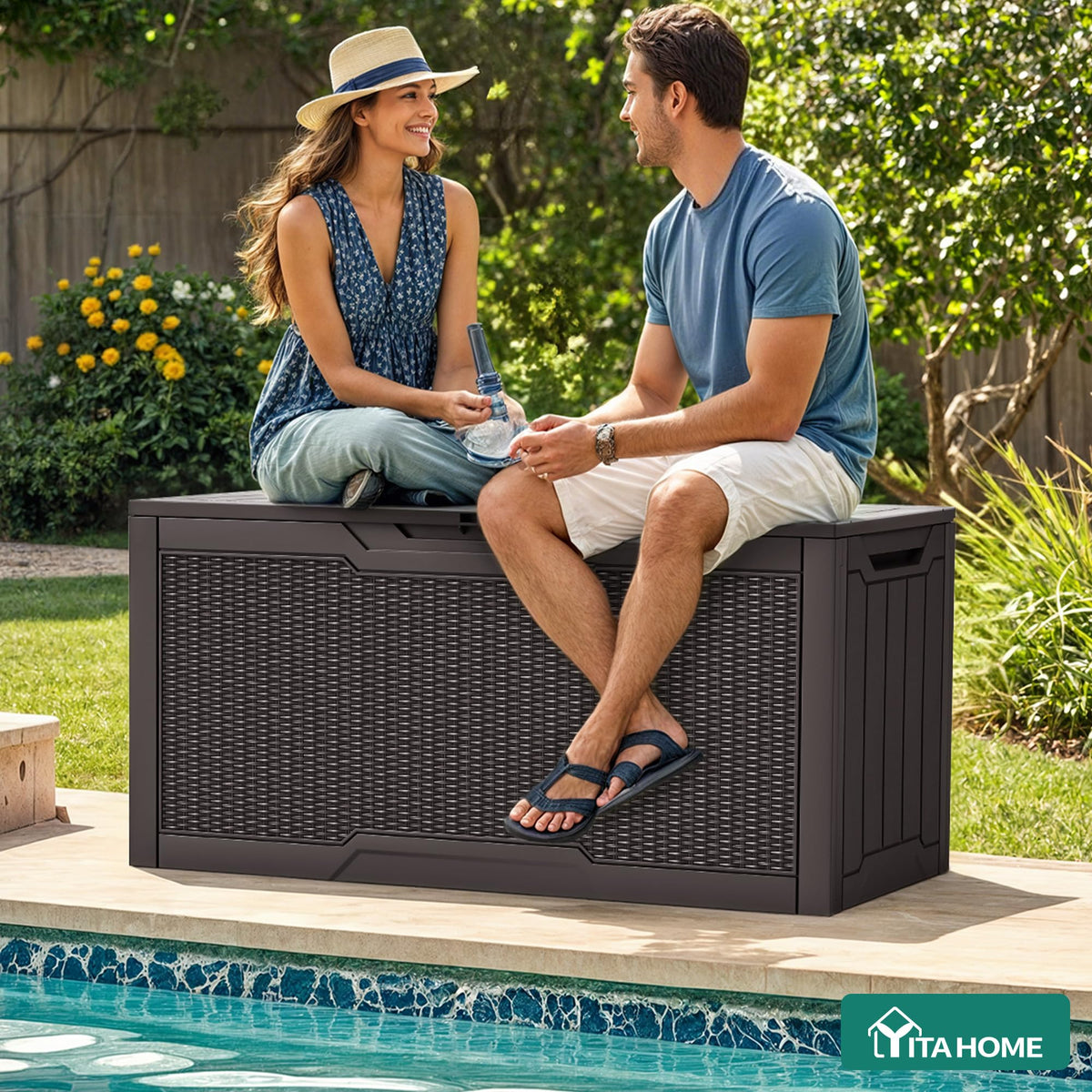 YITAHOME 80 Gallon Resin Deck Box, Weather Resistant Outdoor Rattan Storage Box, Lockable Indoor Outdoor Storage for Supplies and Essentials, Dark Brown