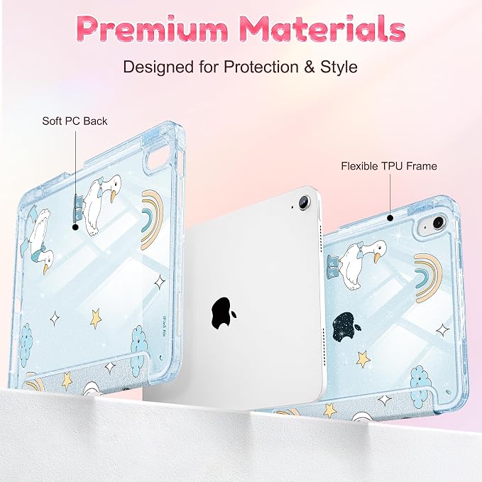 for iPad Air 11 inch M4/M3/M2 (2026/2025/2024) iPad Air 5th/4th Gen (2022/2020) 10.9 inch with Pencil Holder Glitter Clear Pretevtive Cover Auto Wake/Sleep Black Cartoon Stickers