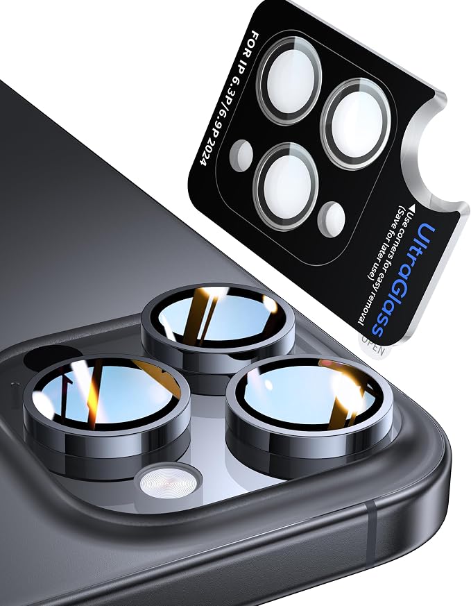 UltraGlass for iPhone 16 Pro Max/16 Pro Camera Lens Protector [NO.1 Military Grade Shatterproof] iPhone 16 Pro Max Camera Protector 16 Pro Lens Cover [Longest Durable] Easy Install Black Titanium