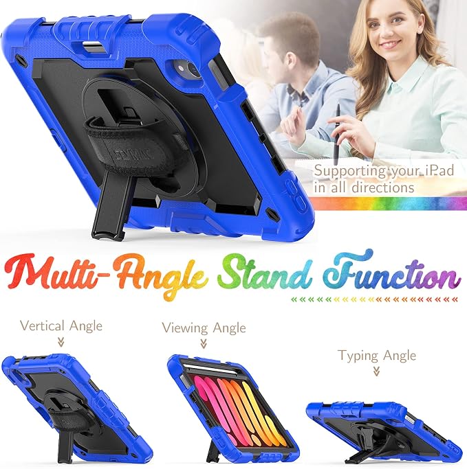 SEYMAC for iPad 9th/8th/7th Generation Case 10.2 2021-2019 Full-Body Shockproof Protective Case with Screen Protector Rotating Stand/Handle/Shoulder Strap for iPad 10.2 Blue/Black