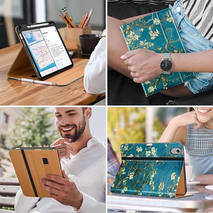 DTTO for iPad (A16) 11th Generation 11-inch &amp 10th Gen Case Brown | Premium Leather Business Cover with Pencil Holder Hand Strap &amp Pocket Corner Protection Auto Sleep/Wake for Work &amp