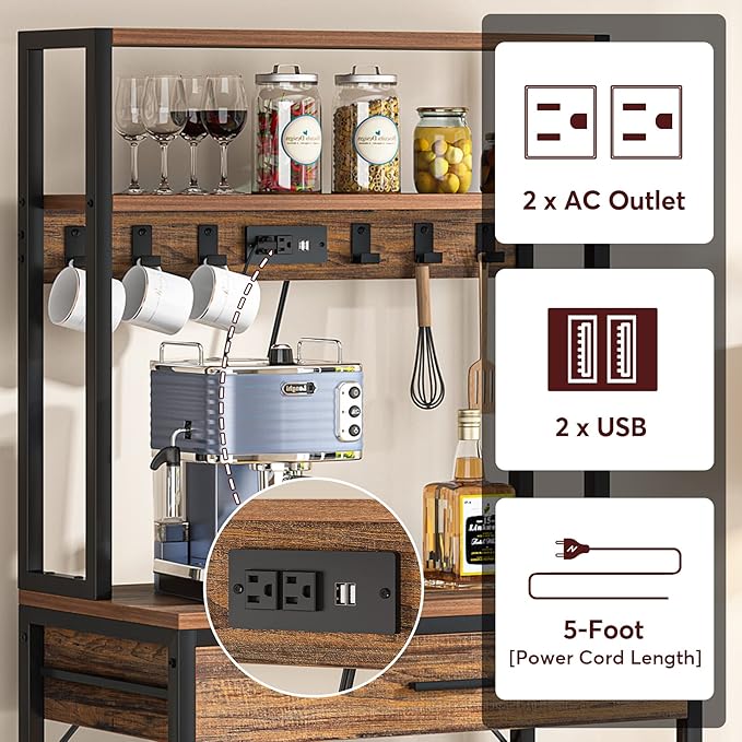 LITTLE TREE Kitchen Baker’s Rack with Power Outlets, Freestanding 5-Tier Microwave Stand with Drawers & Sliding Shelves, Coffee Bar with 6 Hooks for Dining Room Living Room, Rustic Brown