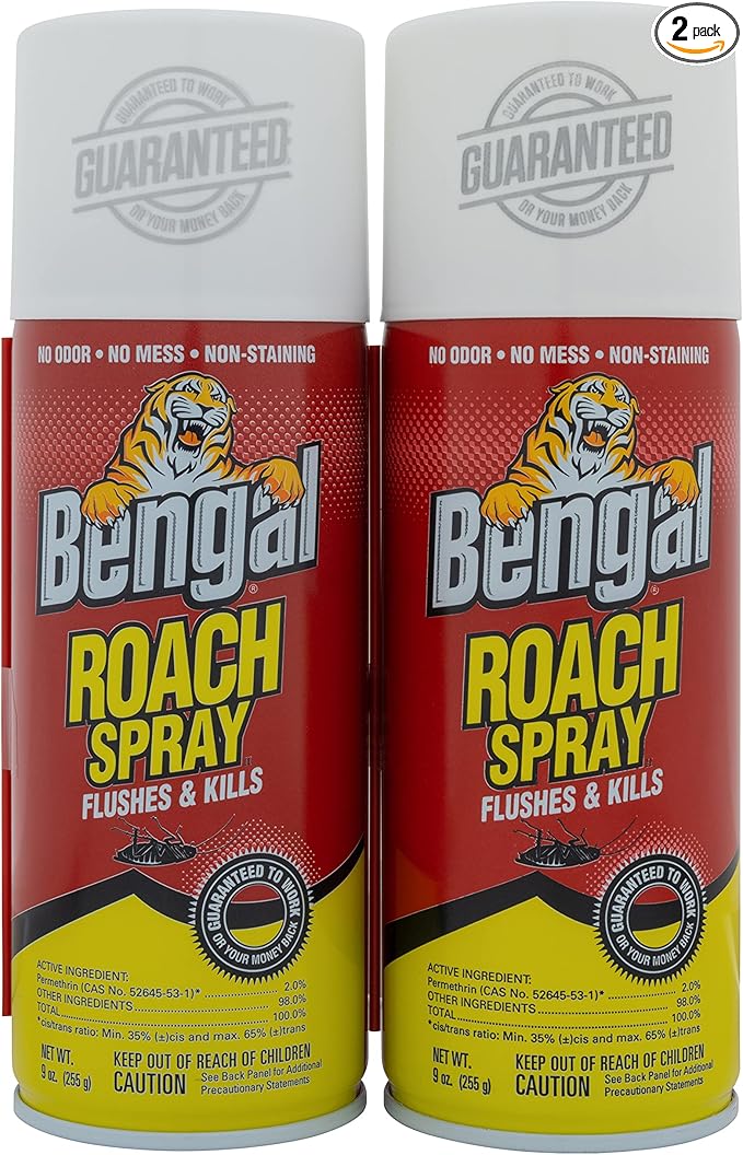 Bengal Roach Spray, Odorless Stain-Free Dry Spray, 2-Count, 9 Oz. Aerosol Cans