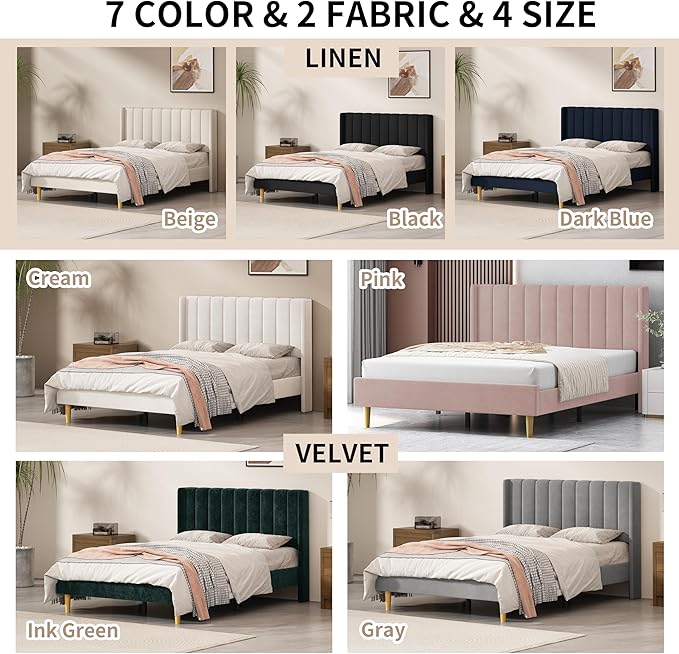 Queen Size Upholstered Platform Bed Frame with Modern Wingback & Vertical Panel Headboard, Velvet Fabric, Wooden Legs & Slats Support, No Box Spring Needed, Noise-Free & Easy Assembly, Cream