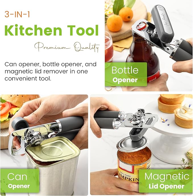 Spring Chef Stainless Steel Manual Can Opener with Magnetic Lid Remover, Easy Turn & Heavy Duty Can Openers for Seniors with Smooth Edge - Graphite