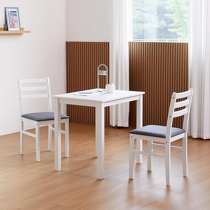 Livinia Seattle 3-Piece Wooden Dining Table Set for 2, Modern Farmhouse Kitchen Dining Room Set with Solid Wood Ladder Back Chairs for Small Space (White)