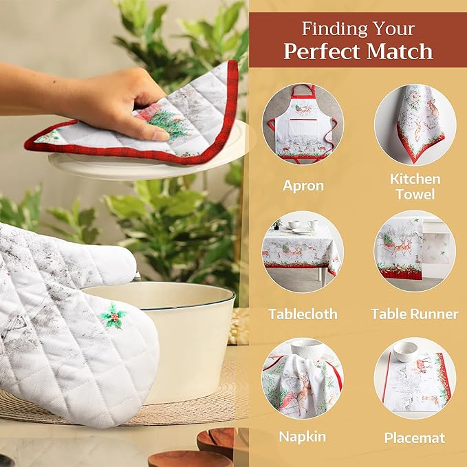Maison d' Hermine Oven Gloves 100% Cotton Oven Mitt 7" x 13" with Loop Heat Resistant Cooking Gloves for Thanksgiving Christmas Decorations Baking Handling Hot Pans (Pack of 1, Christmas Tradition)