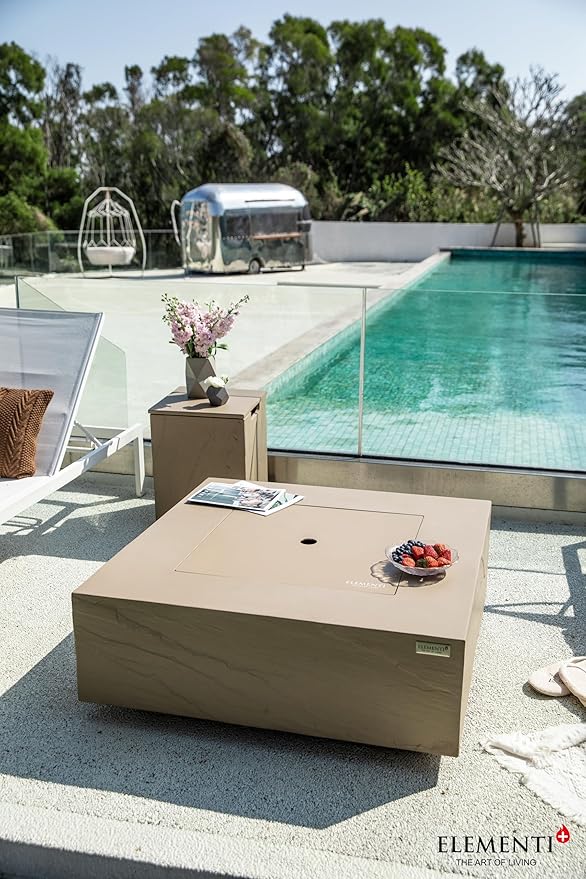Elementi+ | Bundle Uluru Gas Fire Pit Cast Concrete 40" Square Fire Table, Outdoor Fire Pit Electronic Ignition | Canvas Cover, Fire Glass and Burner Lid Included | Sunlight Yellow | Natural Gas