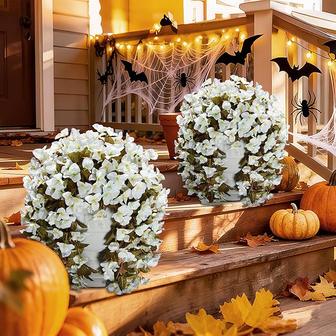 Bougainvillea Artificial Flowers Fake Plants for Outdoors Winter Decoration, 2 pcs Faux Long Trailing Vines UV Resistant Look Real White Silk Flowers for Outside Planter Front Door Porch Urn Yard Home