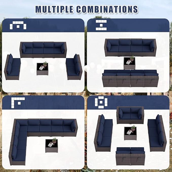 Kurapika 9 Pieces Patio Furniture Set, Rattan Wicker Outdoor Conversation Sets w/4in Cushion and Glass Coffee Table(Navy Blue)