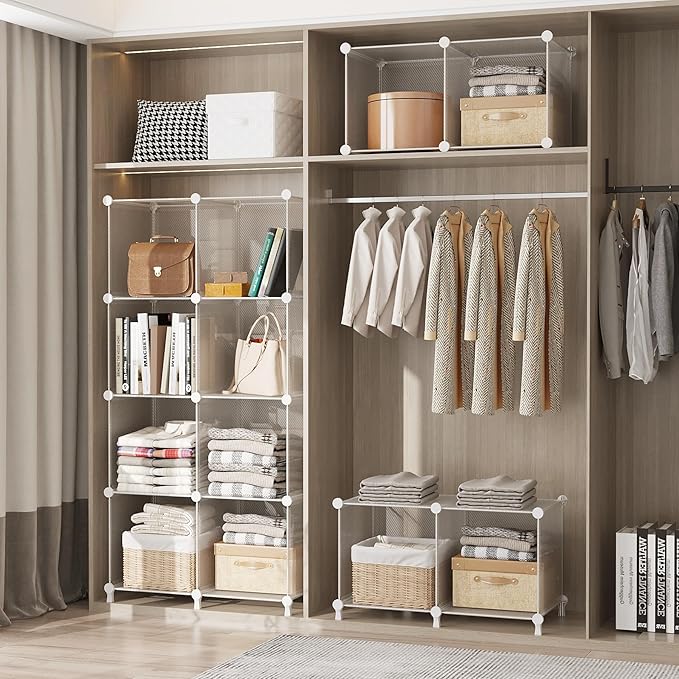AWTATOS Cube Storage Organizer, Closet Organizers and Storage, 12 Cube Shelves Bookshelf, DIY Stackable Plastic Clothes Organizer Shelving for Bedroom, Home, Transparent Twill
